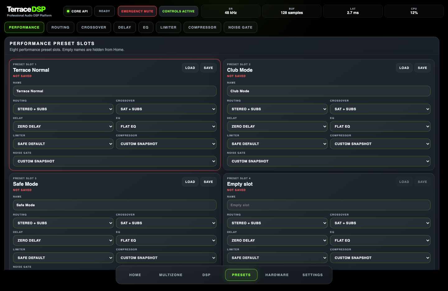 TerraceDSP preset management interface