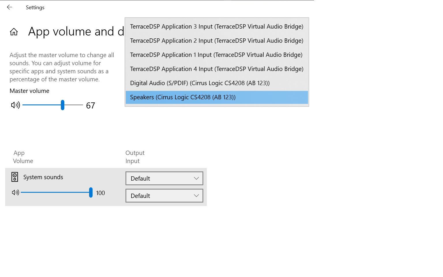 Windows mixer showing four independently named TerraceDSP application inputs